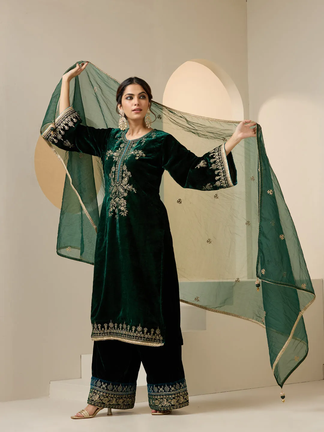 Ishin WOMEN Green VELVET ORGANZA DUP 3pcs kurta set