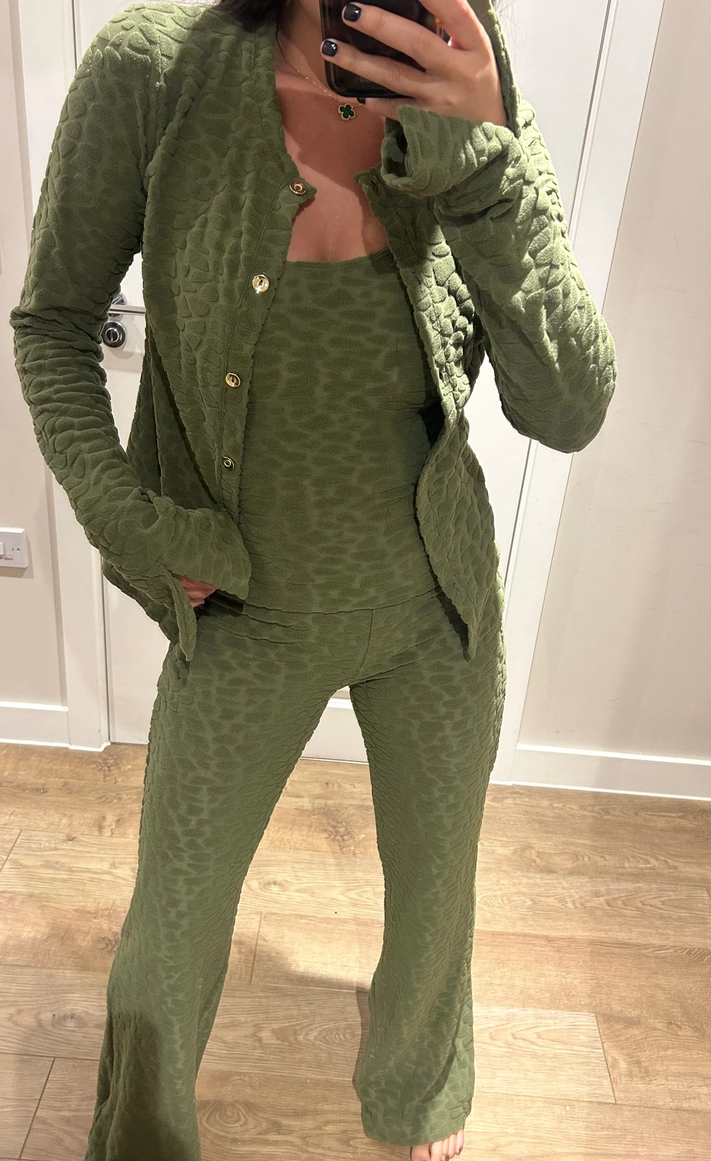 Khaki Terry Towelling Pebble Print Cardigan Lounge Suit