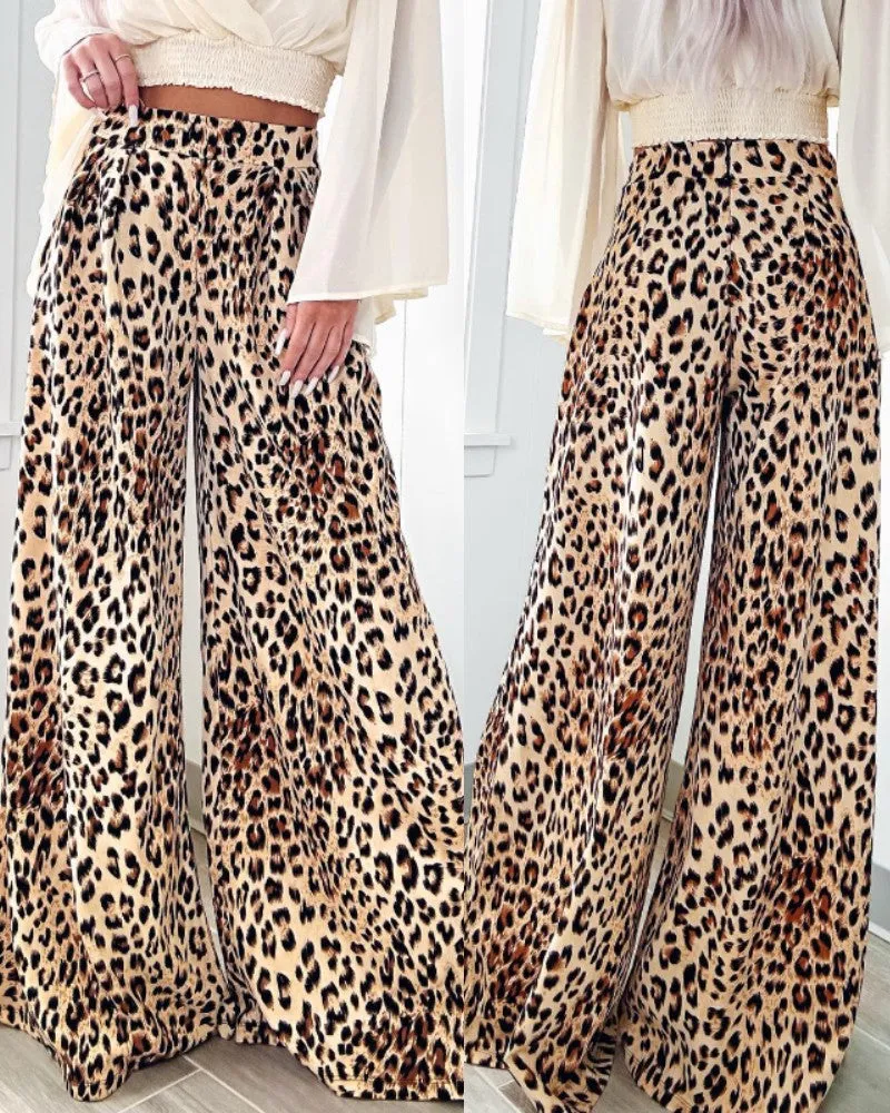 Leopard Print Strechy Waist Wide Leg Pants Casual Loose Fit  Flared Pants