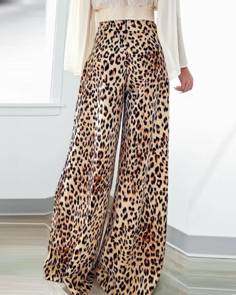 Leopard Print Strechy Waist Wide Leg Pants Casual Loose Fit  Flared Pants