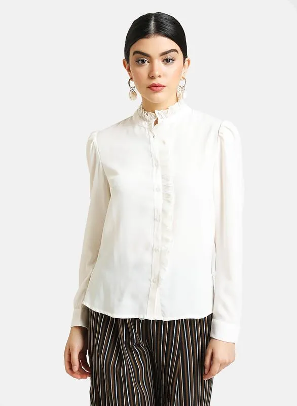 Mandarian Collar Shirt With Ruffle Detail