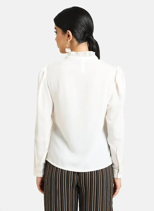 Mandarian Collar Shirt With Ruffle Detail