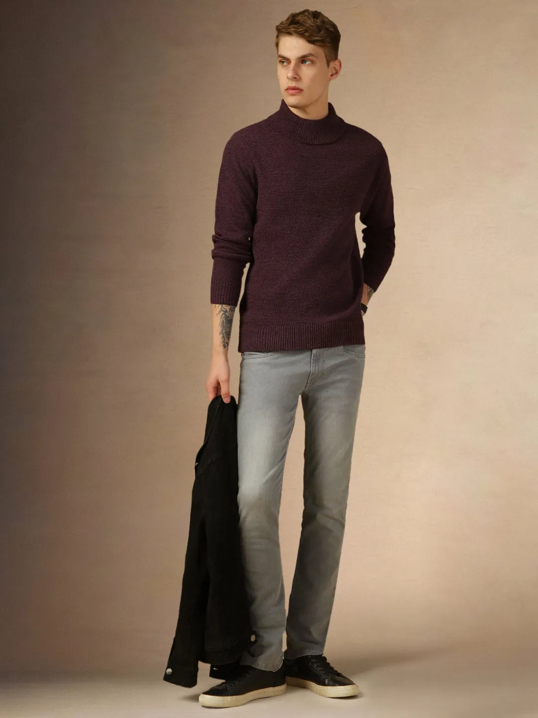 Men's Plum Turtle Neck Full Sleeves Slim Fit Pullover Sweater