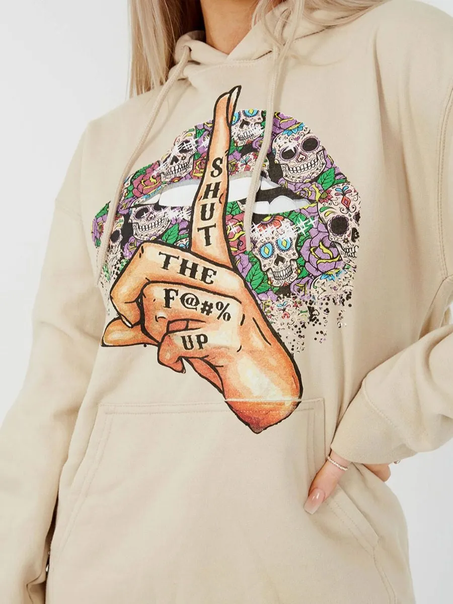 Nancy Shut Up Graphic Fleeced Hoodie In Stone