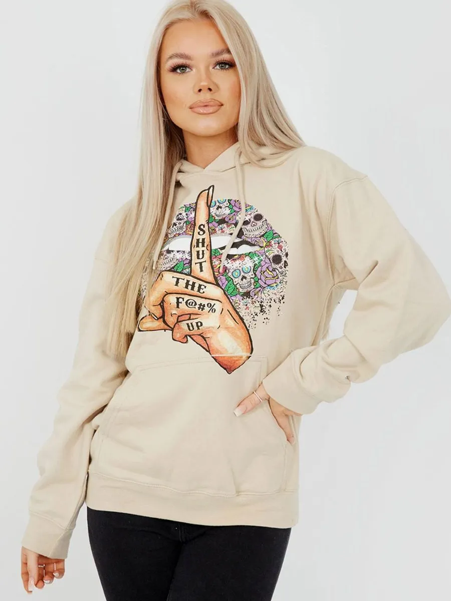 Nancy Shut Up Graphic Fleeced Hoodie In Stone