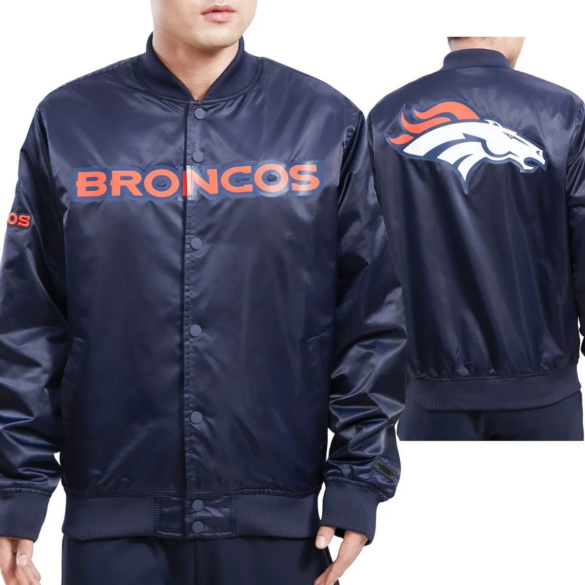 NFL DENVER BRONCOS TEAM BIG LOGO MEN'S SATIN JACKET (MIDNIGHT NAVY)