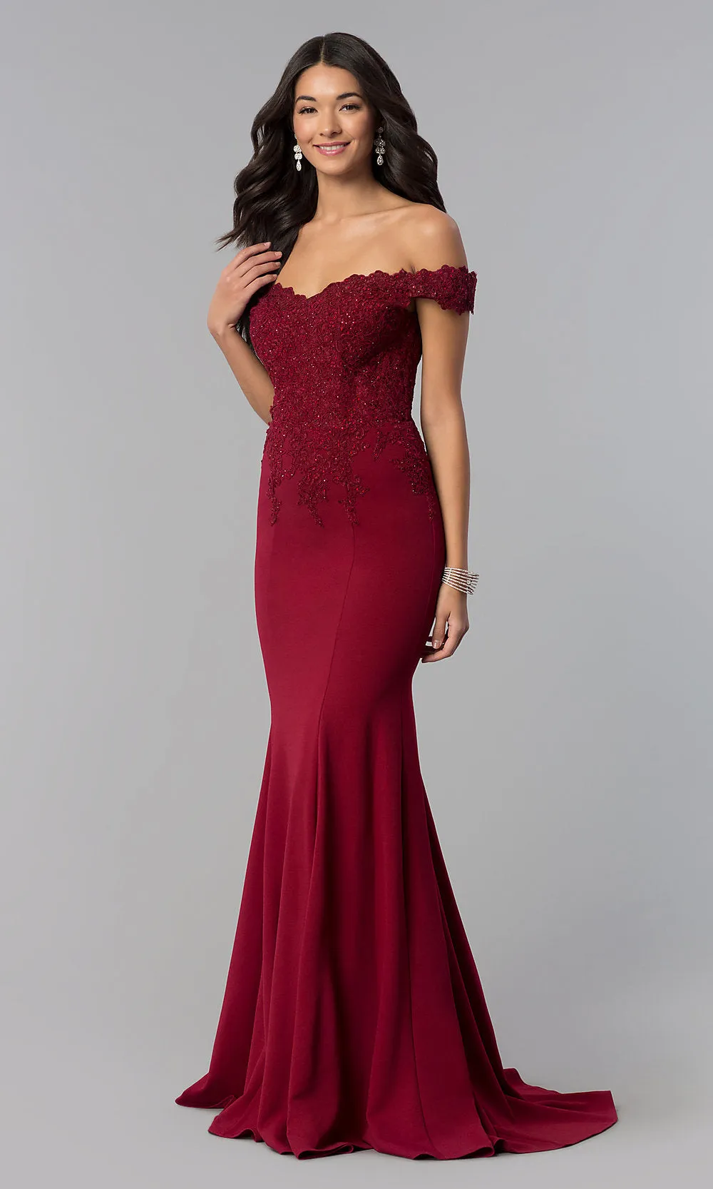 Off-Shoulder Beaded Lace-Bodice Long Formal Dress