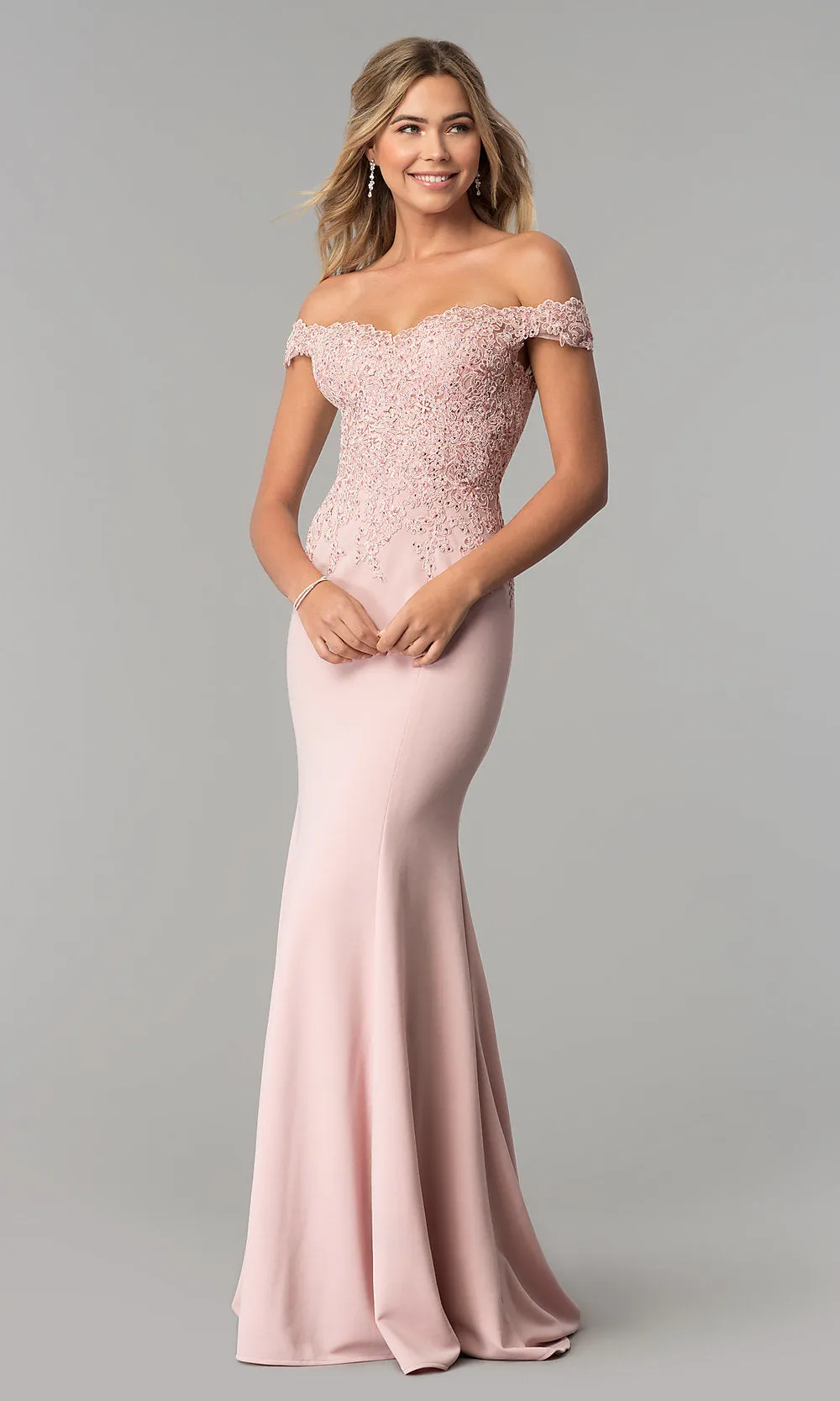 Off-Shoulder Beaded Lace-Bodice Long Formal Dress