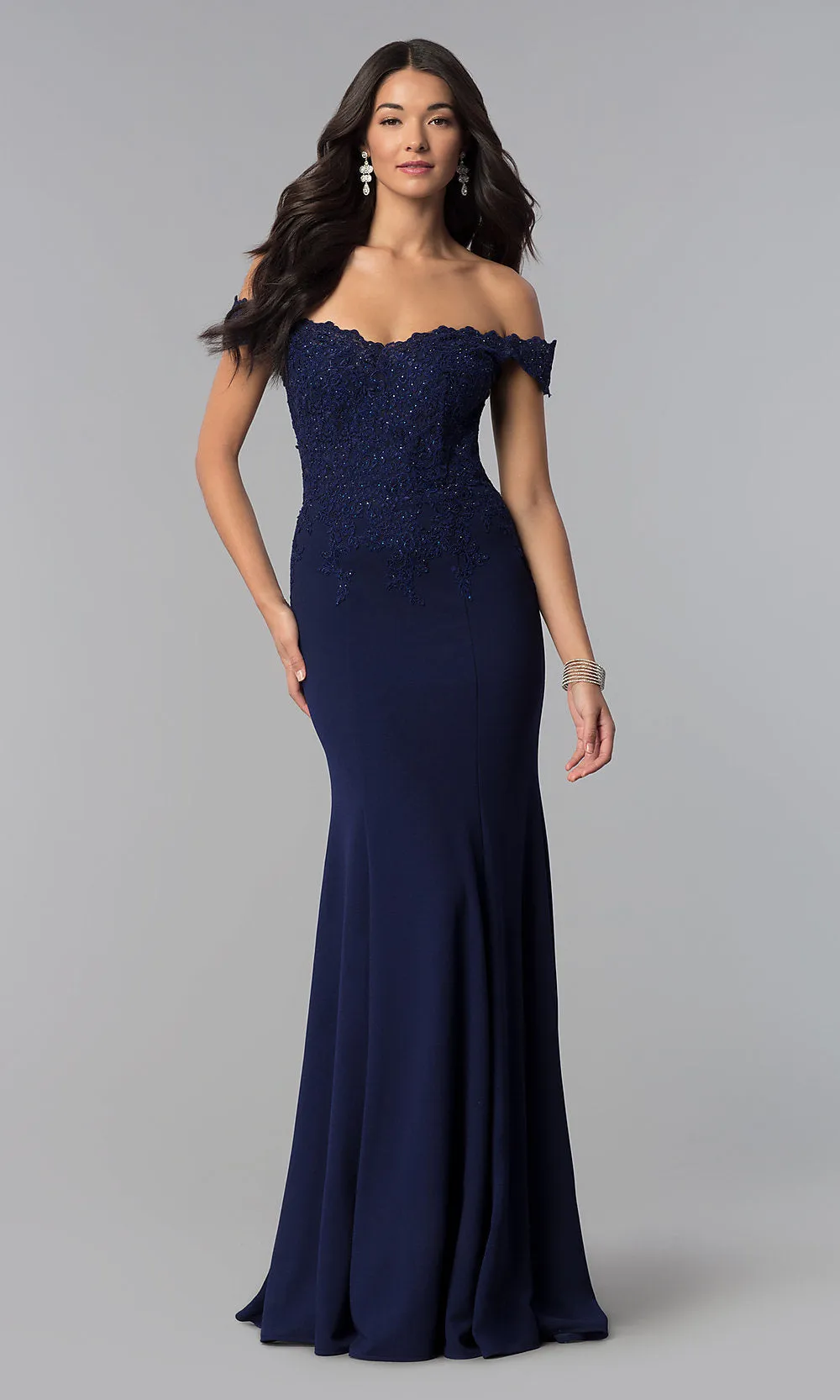 Off-Shoulder Beaded Lace-Bodice Long Formal Dress