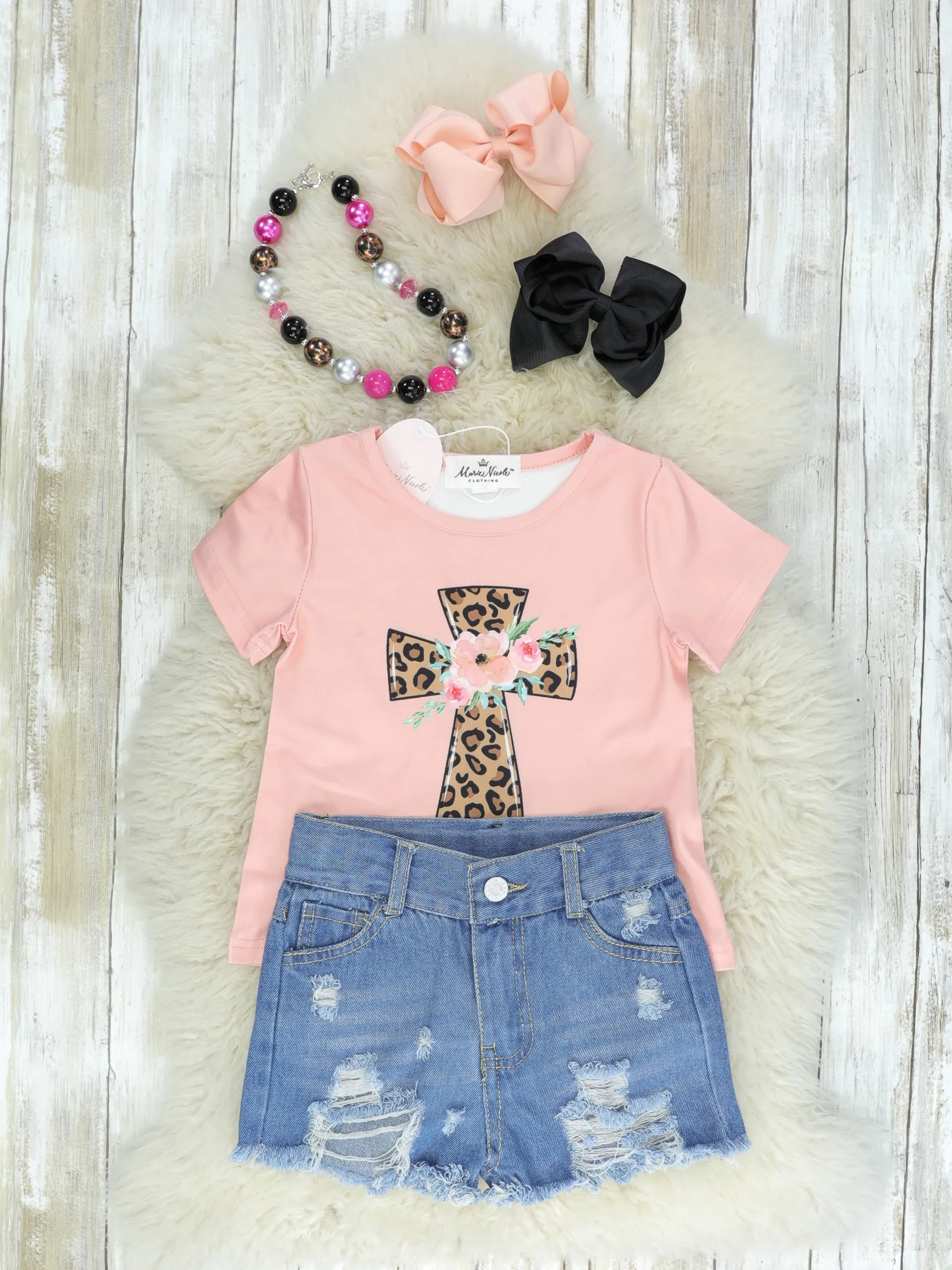 Pink Leopard Cross Denim Shorts Outfit