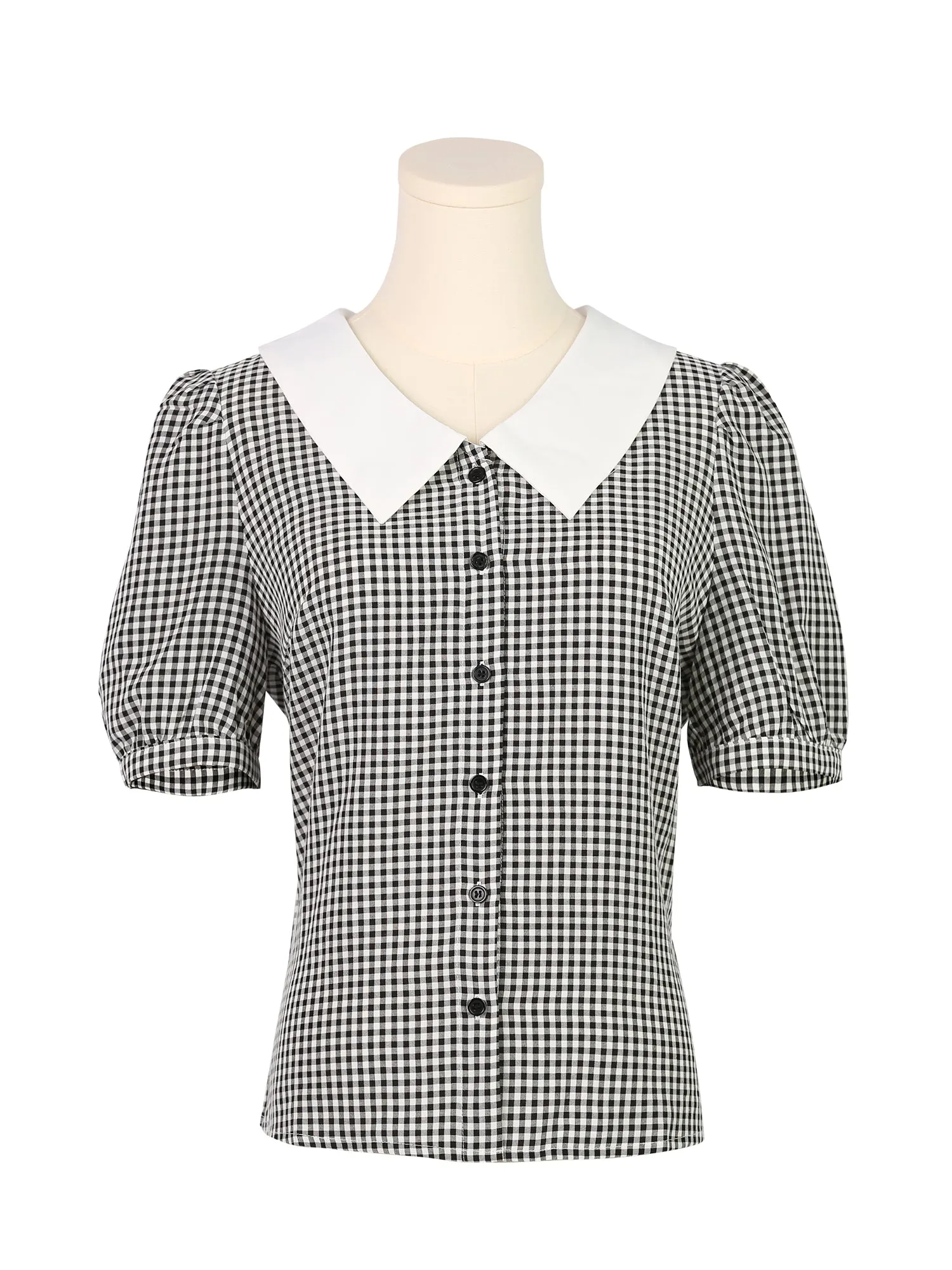 Plaid Puff Sleeve Blouse Contrast Collar Button Down Shirt Tops