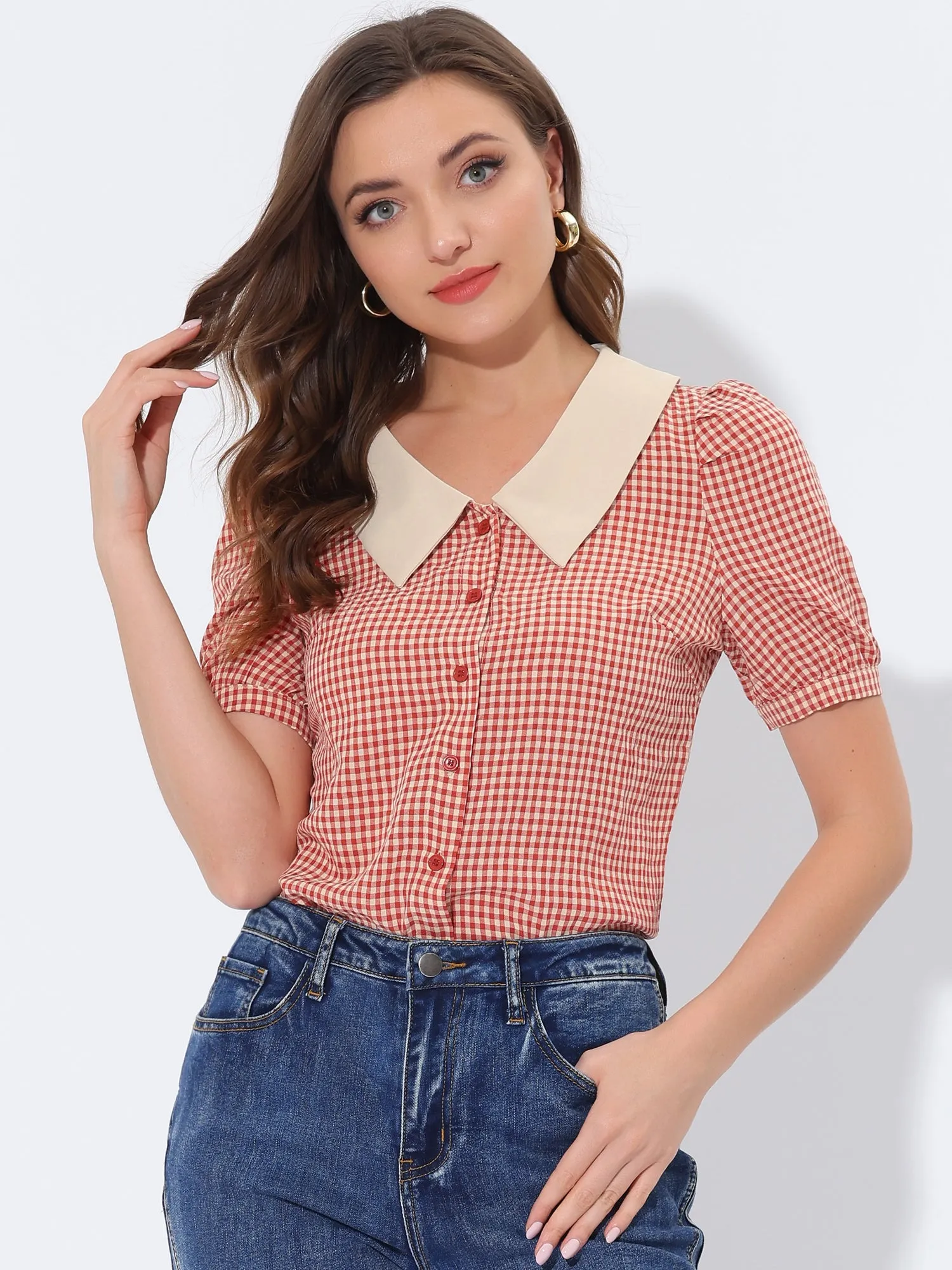 Plaid Puff Sleeve Blouse Contrast Collar Button Down Shirt Tops