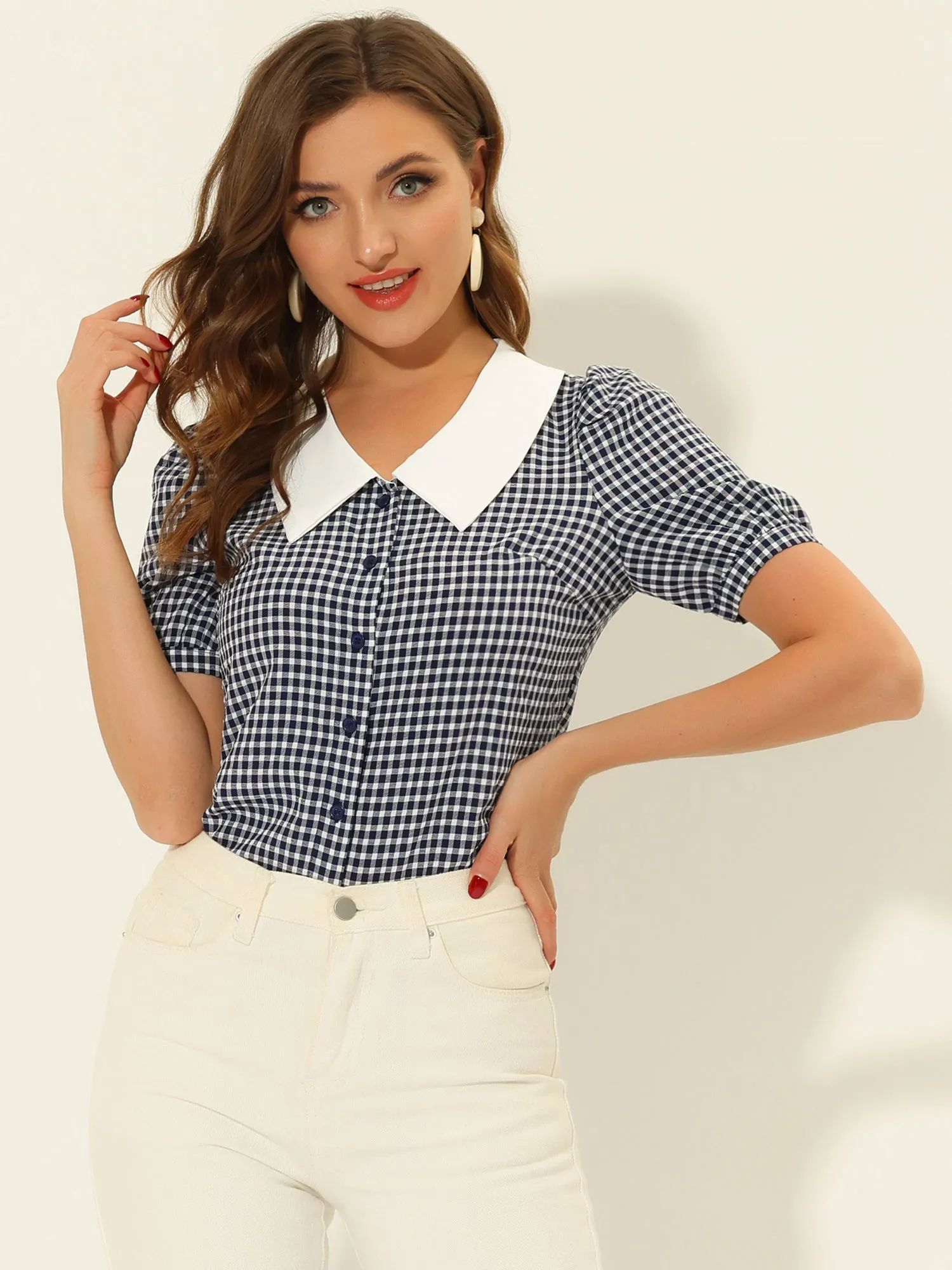 Plaid Puff Sleeve Blouse Contrast Collar Button Down Shirt Tops