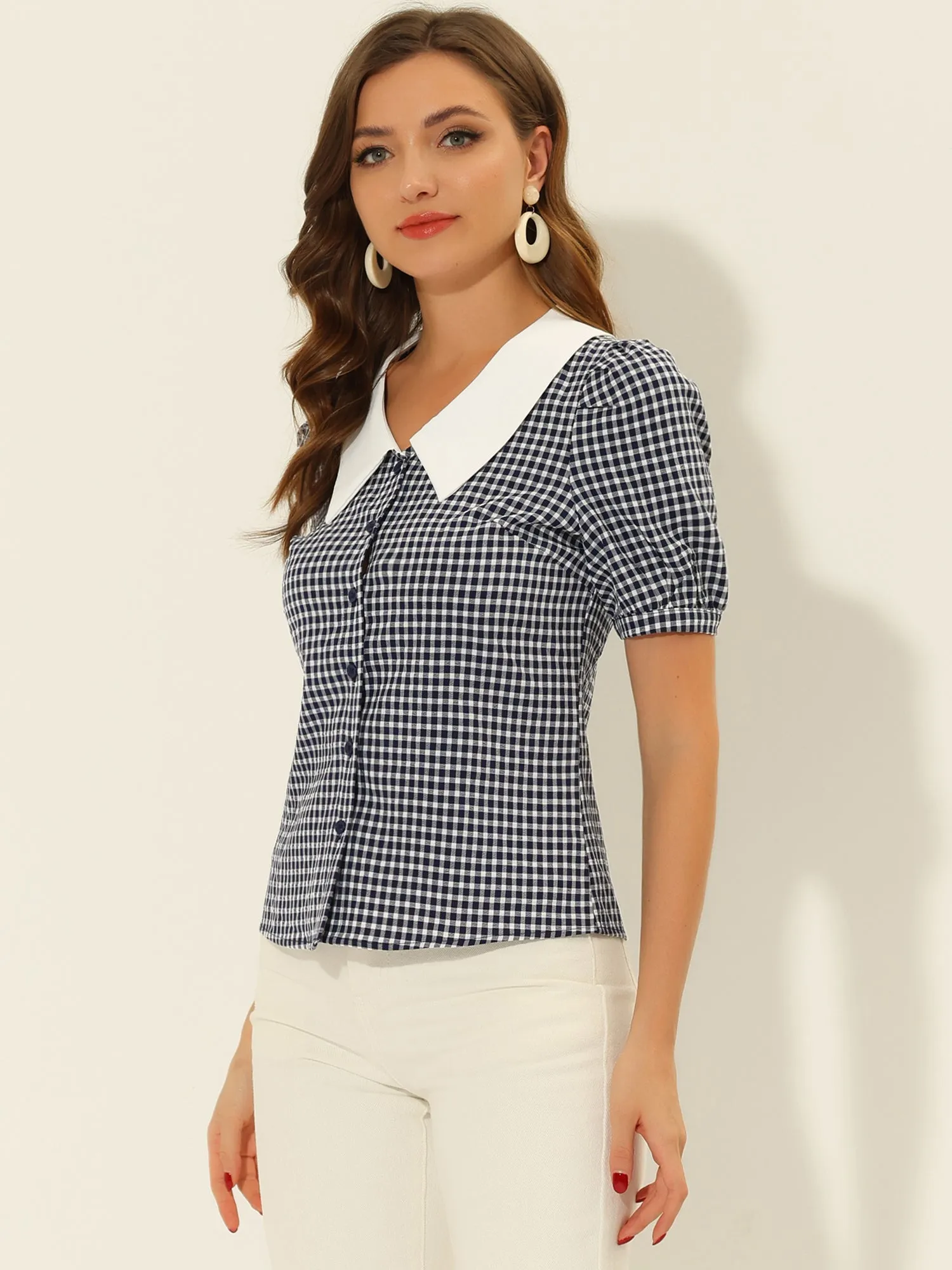 Plaid Puff Sleeve Blouse Contrast Collar Button Down Shirt Tops