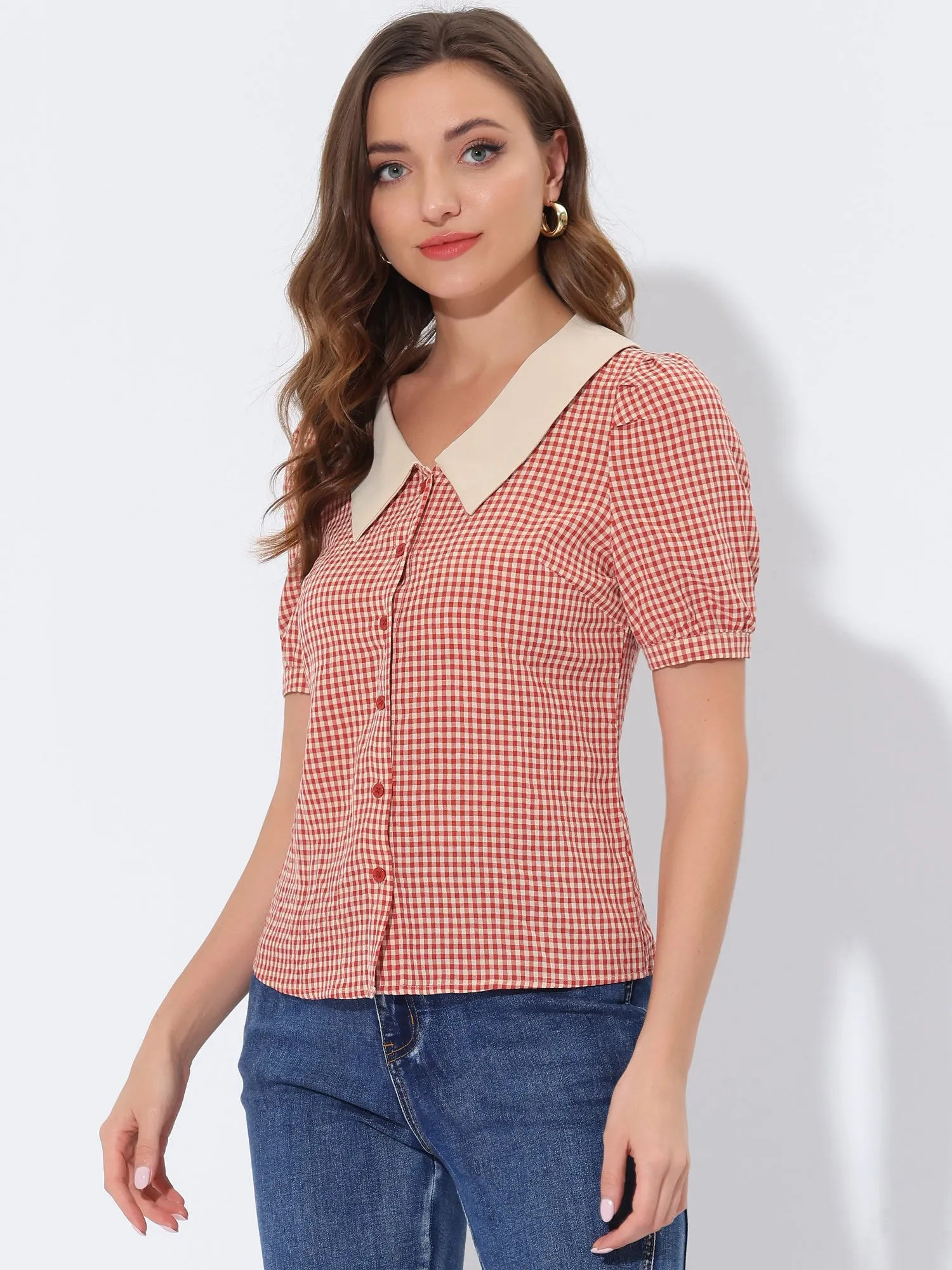 Plaid Puff Sleeve Blouse Contrast Collar Button Down Shirt Tops