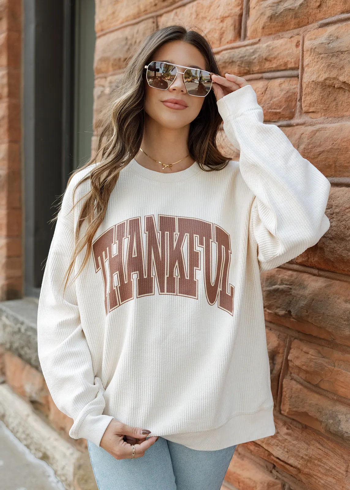 "Thankful" Beige Corded Crew