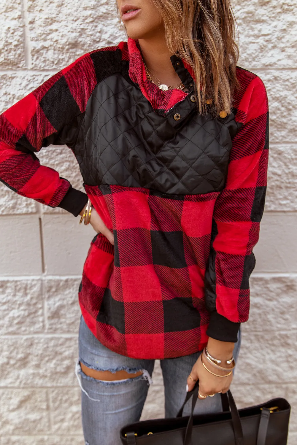 Red Plaid Paneled Sweatshirt