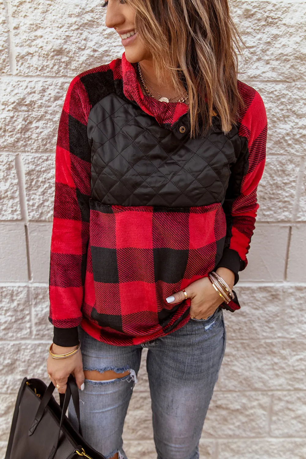 Red Plaid Paneled Sweatshirt