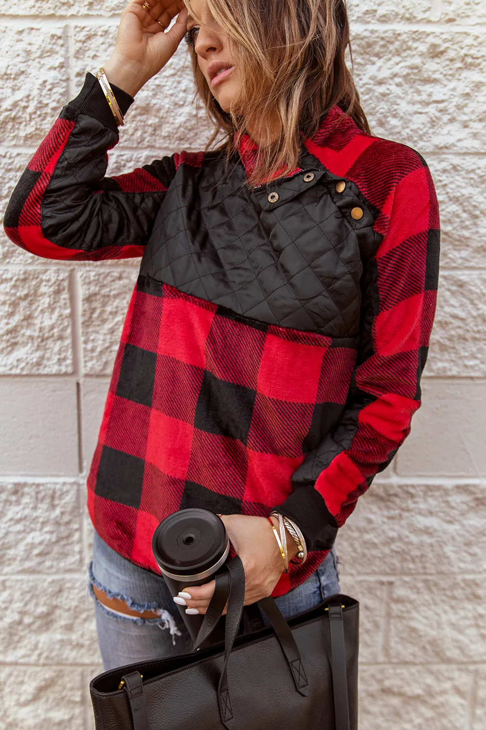 Red Plaid Paneled Sweatshirt