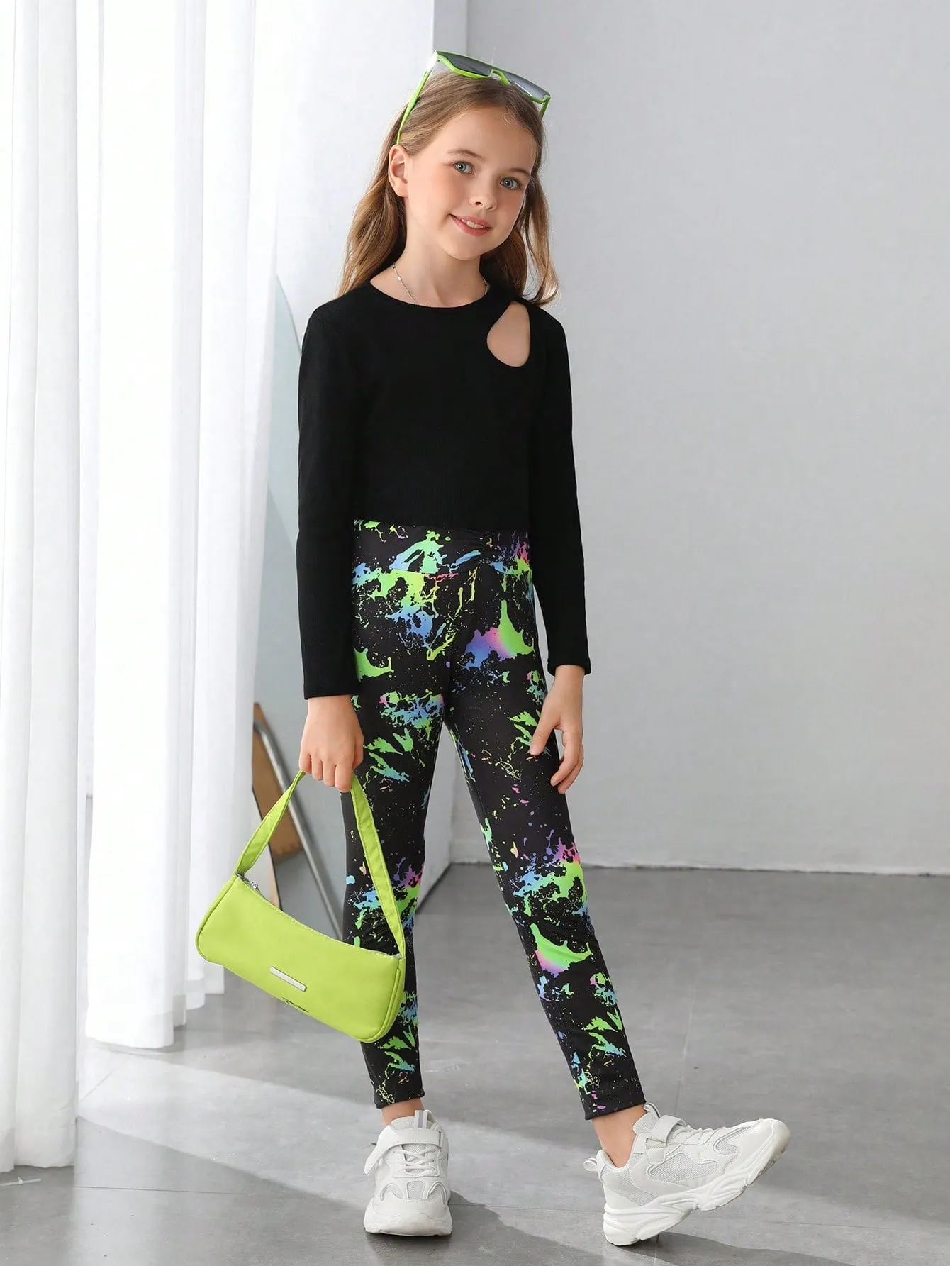 Reflective Splash Ink Print Leggings for Tween Girls - Graphic, Long, Stretchy, Knitted Fabric