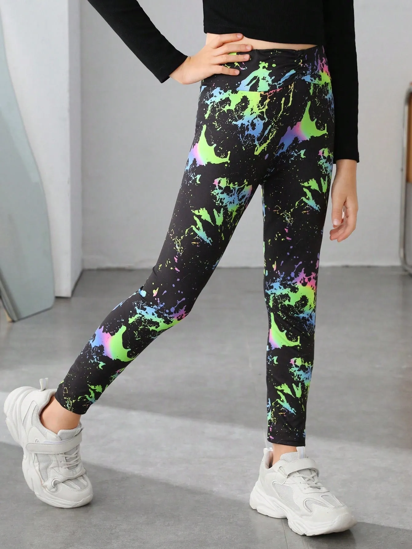 Reflective Splash Ink Print Leggings for Tween Girls - Graphic, Long, Stretchy, Knitted Fabric