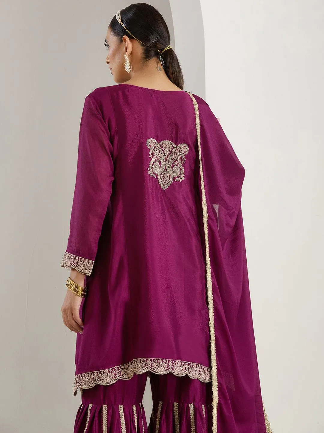 Rich Lavender Chinon Zari Embroidered Kurta Set with Sharara Bottom and Gotta Patti Tassel Dupatta