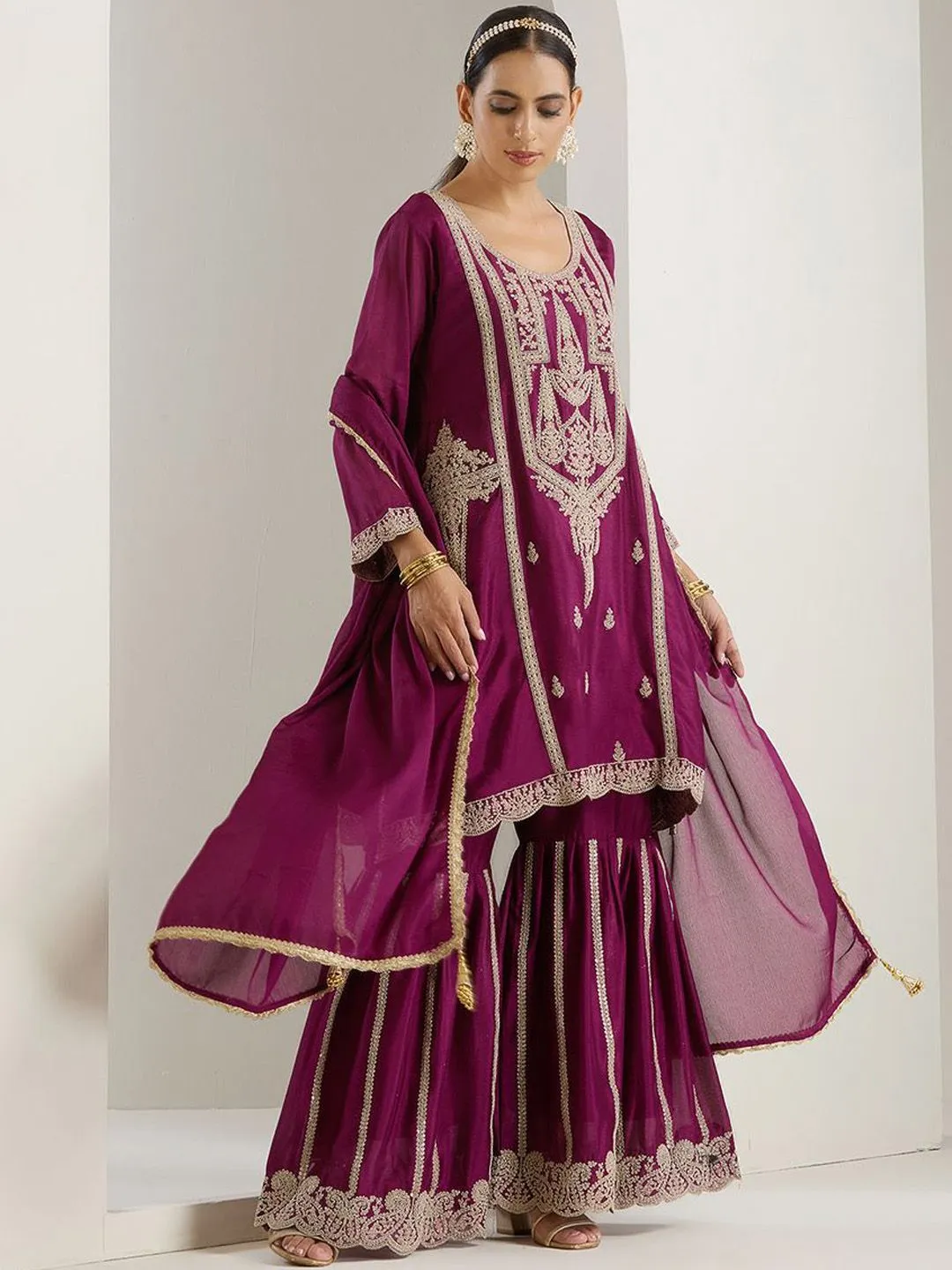 Rich Lavender Chinon Zari Embroidered Kurta Set with Sharara Bottom and Gotta Patti Tassel Dupatta