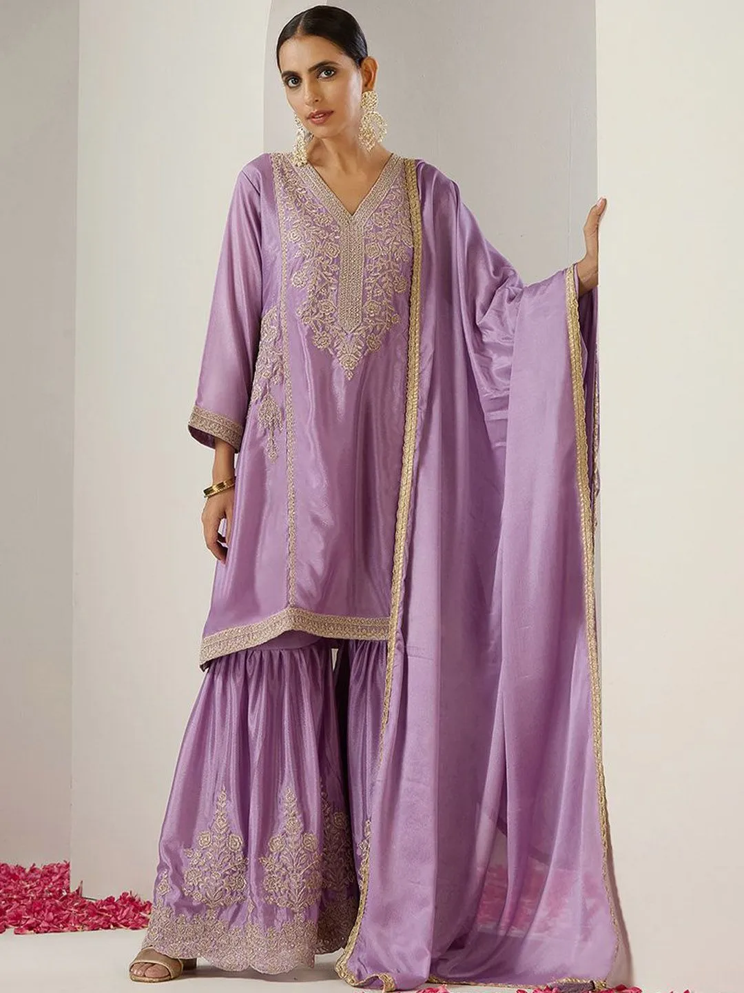 Rich Lavender Chinon Zari Embroidered Kurta Set with Sharara Bottom and Gotta Patti Tassel Dupatta