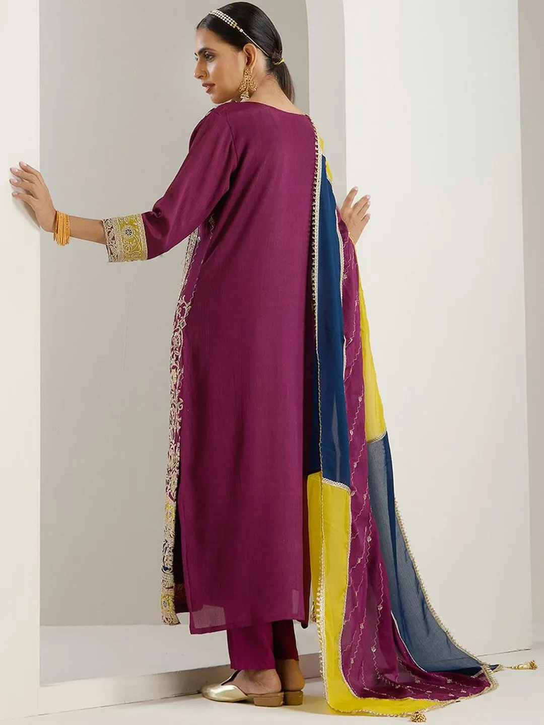 Rich Lavender Chinon Zari Embroidered Kurta Set with Sharara Bottom and Gotta Patti Tassel Dupatta