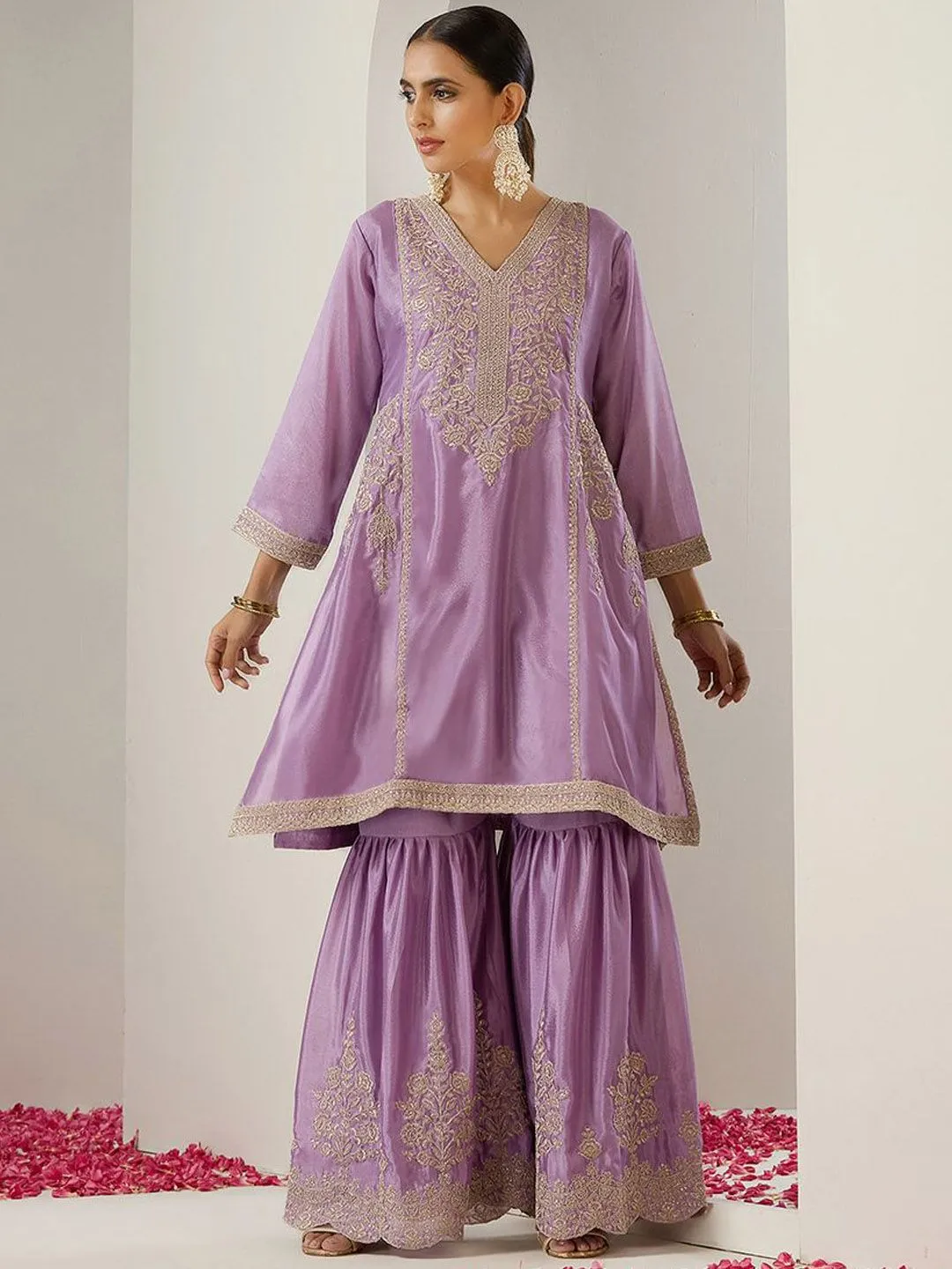 Rich Lavender Chinon Zari Embroidered Kurta Set with Sharara Bottom and Gotta Patti Tassel Dupatta