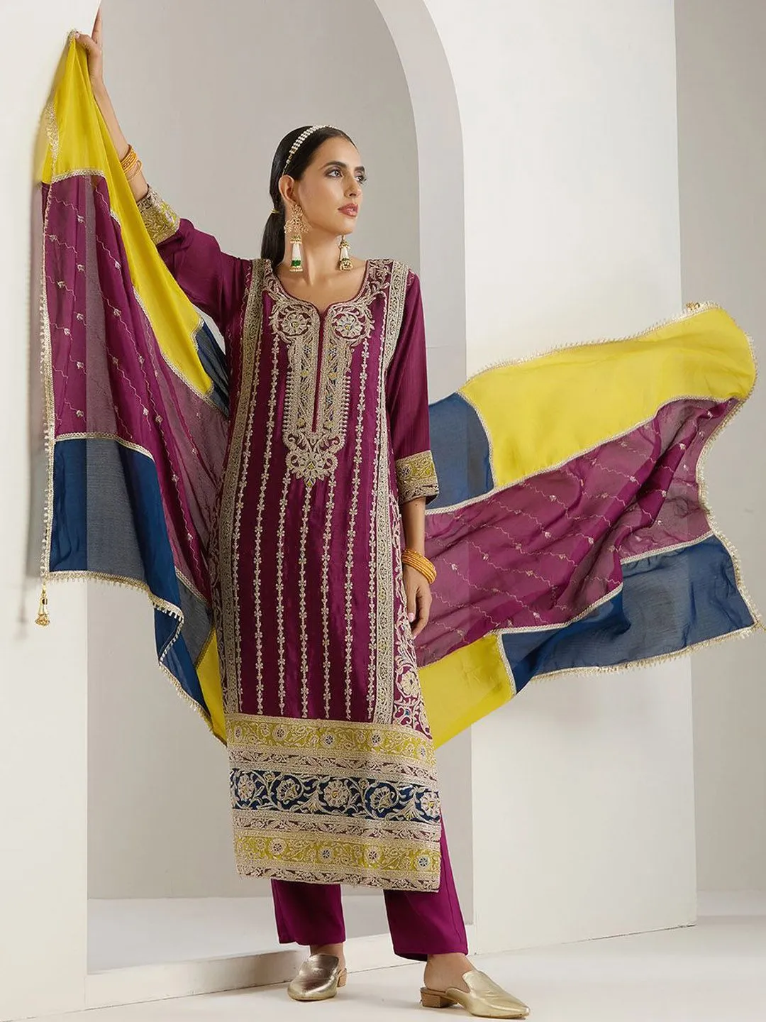 Rich Lavender Chinon Zari Embroidered Kurta Set with Sharara Bottom and Gotta Patti Tassel Dupatta