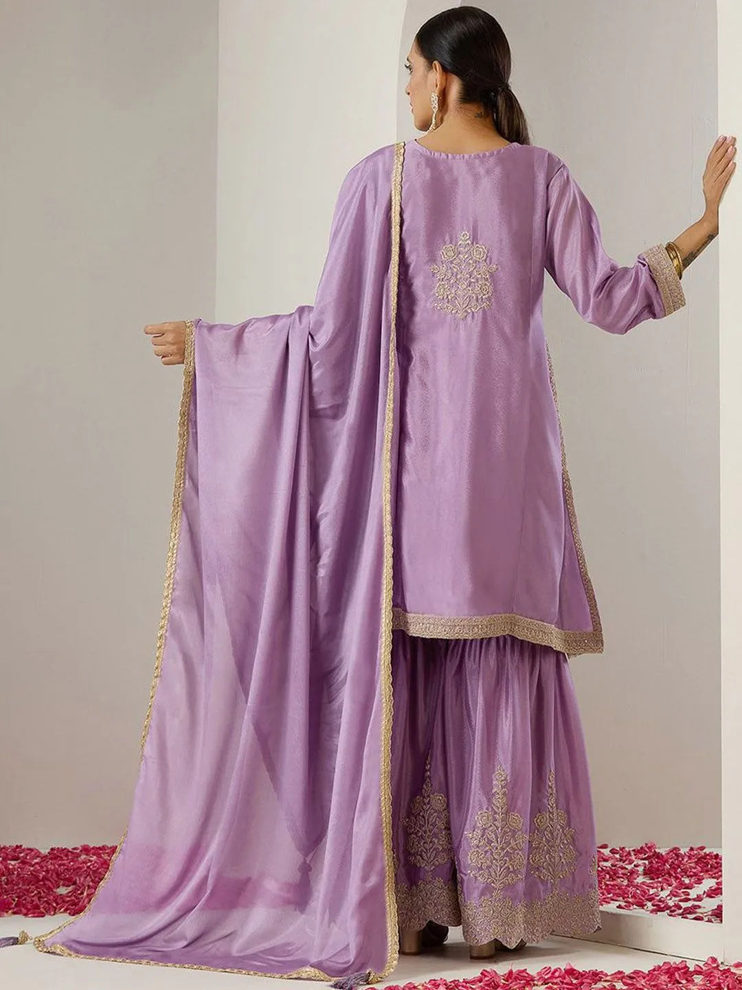 Rich Lavender Chinon Zari Embroidered Kurta Set with Sharara Bottom and Gotta Patti Tassel Dupatta