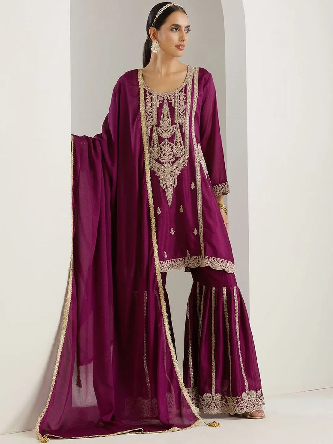 Rich Lavender Chinon Zari Embroidered Kurta Set with Sharara Bottom and Gotta Patti Tassel Dupatta