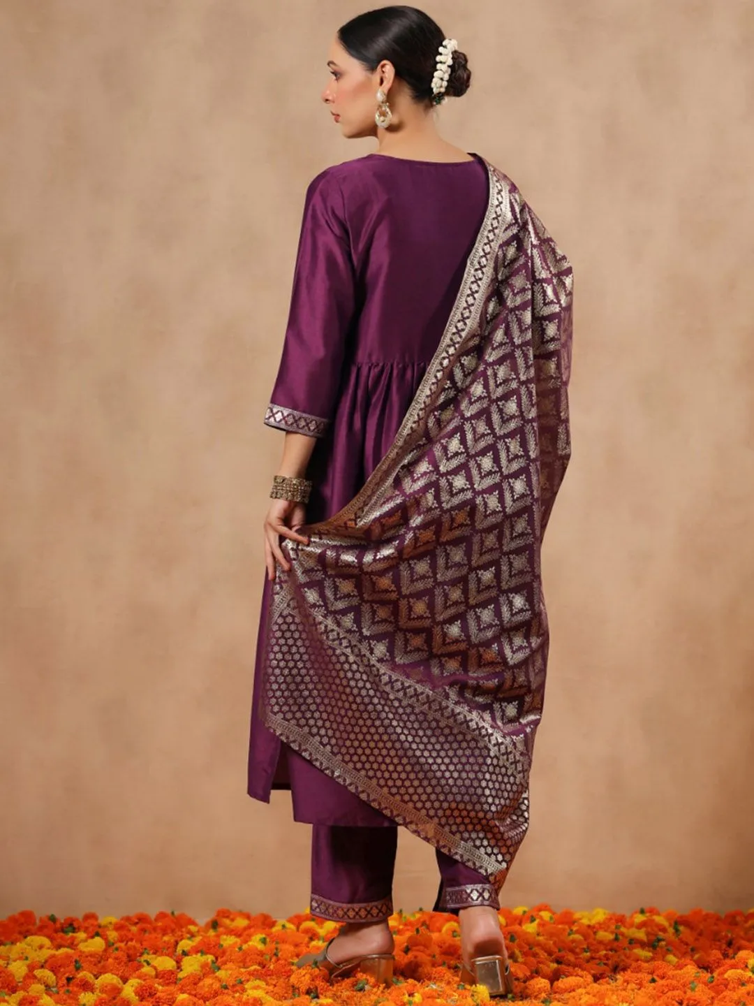 Rich Purple Poly Silk Ethnic Motif Foil Printed A-Line Kurta Set with Straight Bottom and Voile Dupatta