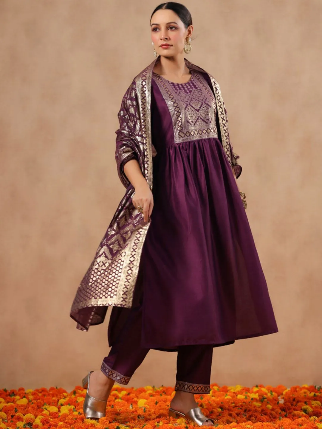 Rich Purple Poly Silk Ethnic Motif Foil Printed A-Line Kurta Set with Straight Bottom and Voile Dupatta