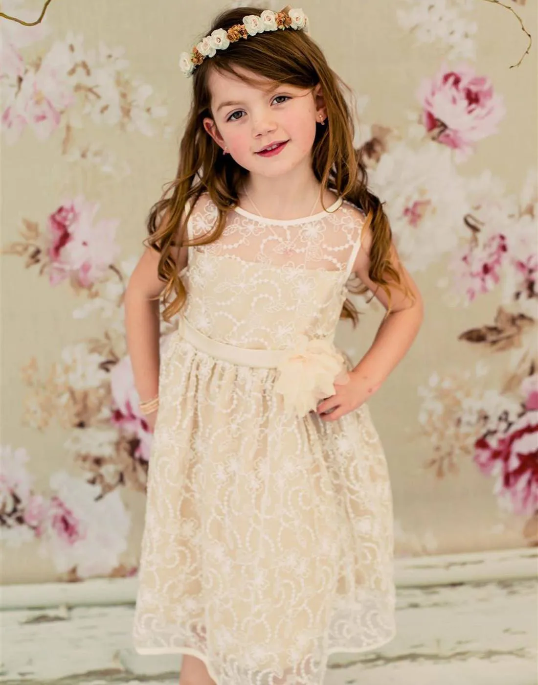 Satin Lining and Floral Overlay Lace Dress - Ivory