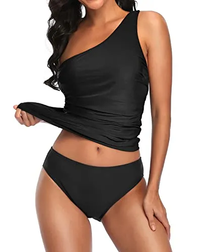 Slim Fit One Shoulder Tankini Top Bikini Bottoms For Women-Black