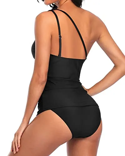 Slim Fit One Shoulder Tankini Top Bikini Bottoms For Women-Black