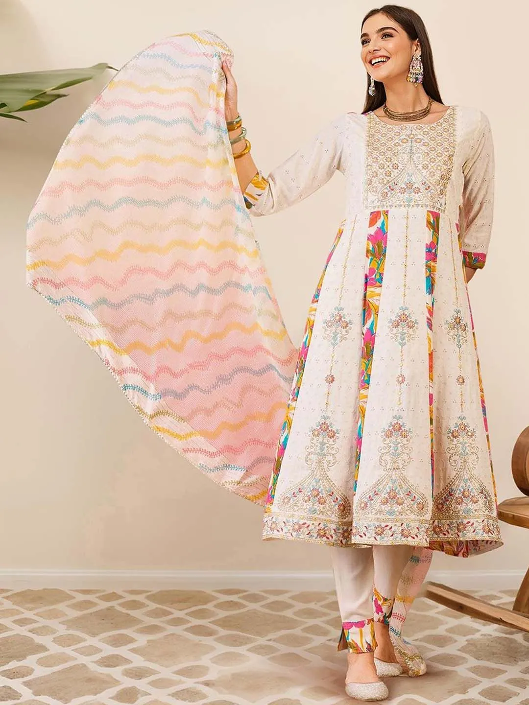 Soft Cotton Blend White Zari Embroidered A-Line Kurta Set with Straight Bottom And Sheer Net Printed Dupatta