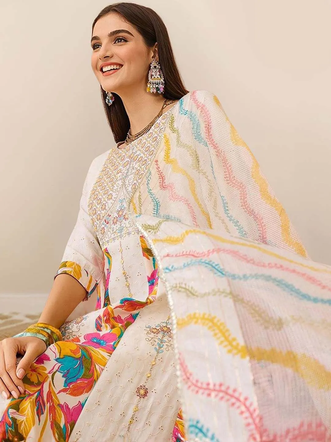 Soft Cotton Blend White Zari Embroidered A-Line Kurta Set with Straight Bottom And Sheer Net Printed Dupatta