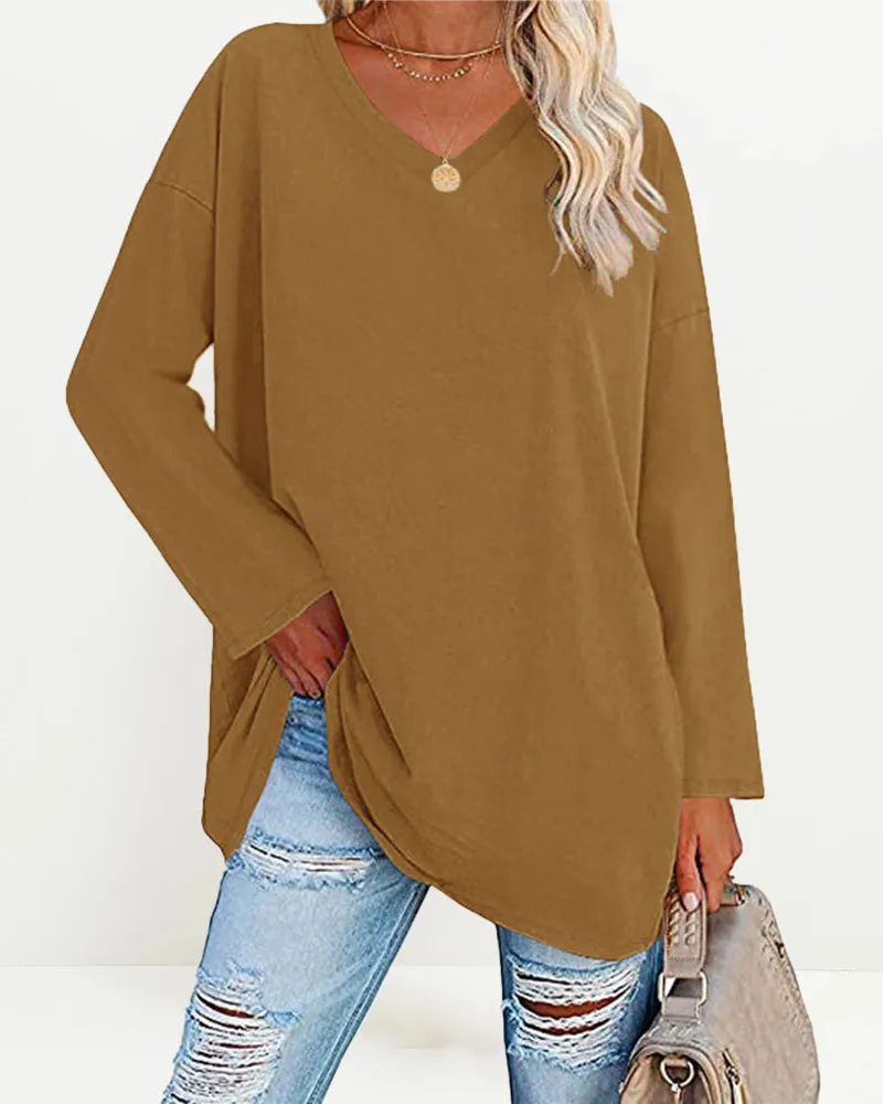 Solid Color V Neck Long Sleeve Pullover Basic Tshirts Casual Sweatshirts