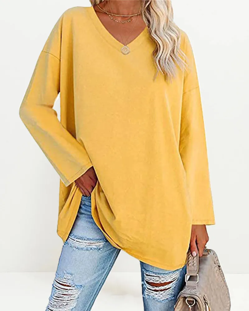 Solid Color V Neck Long Sleeve Pullover Basic Tshirts Casual Sweatshirts