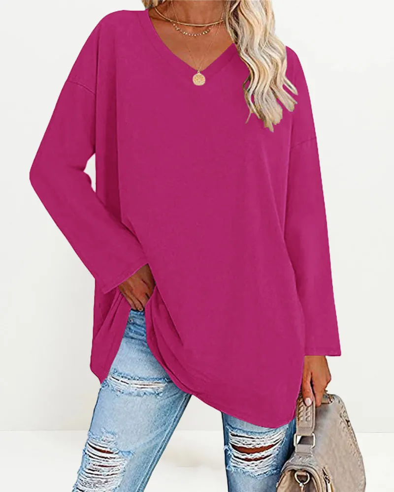 Solid Color V Neck Long Sleeve Pullover Basic Tshirts Casual Sweatshirts