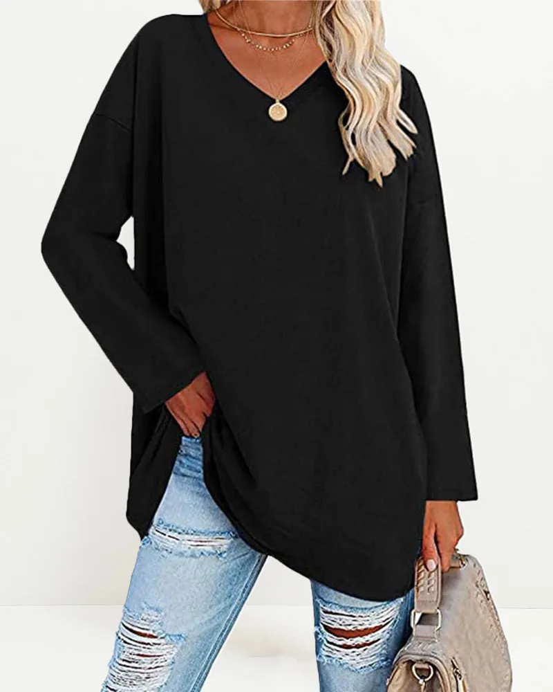 Solid Color V Neck Long Sleeve Pullover Basic Tshirts Casual Sweatshirts