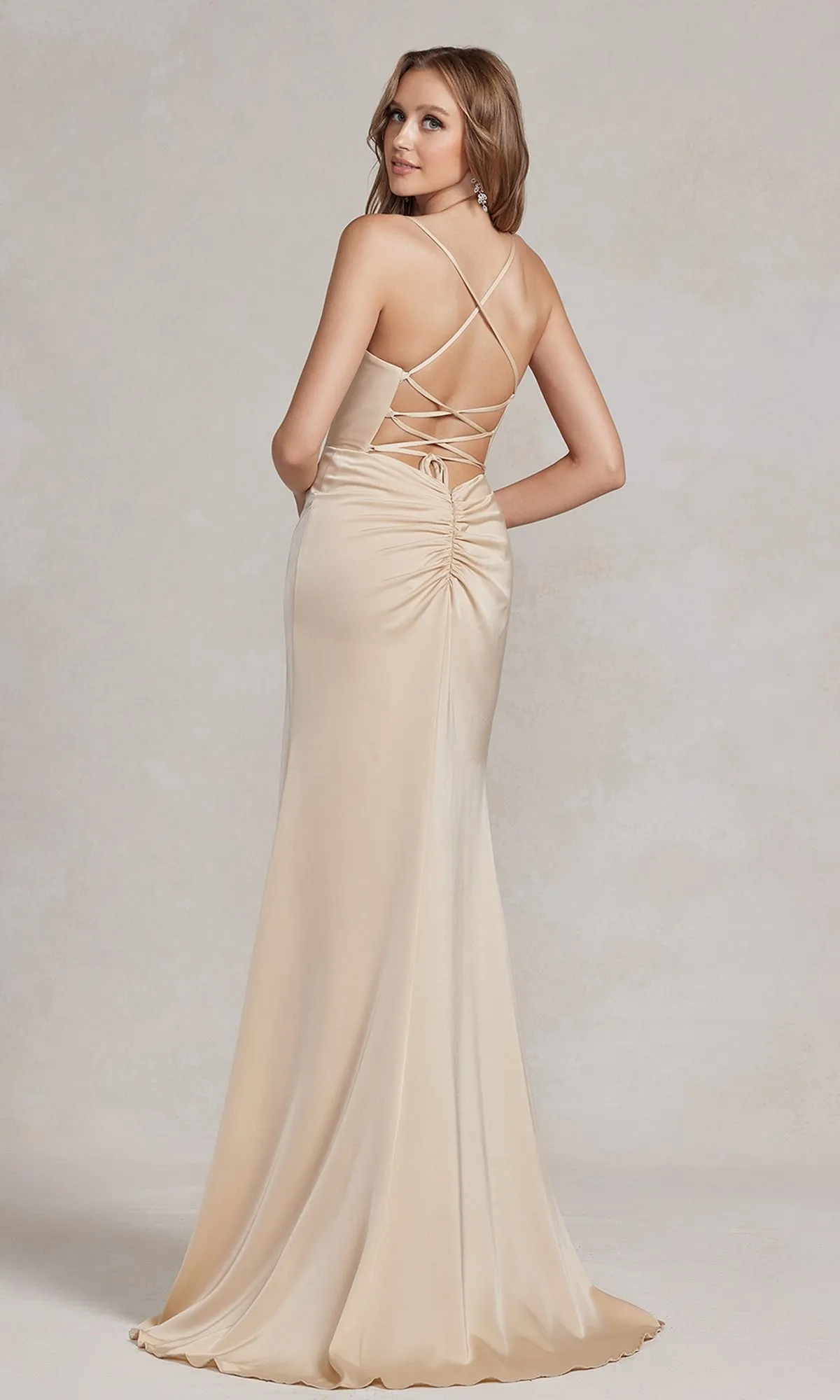 Strappy-Back Cowl-Neck Long Prom Dress E1068