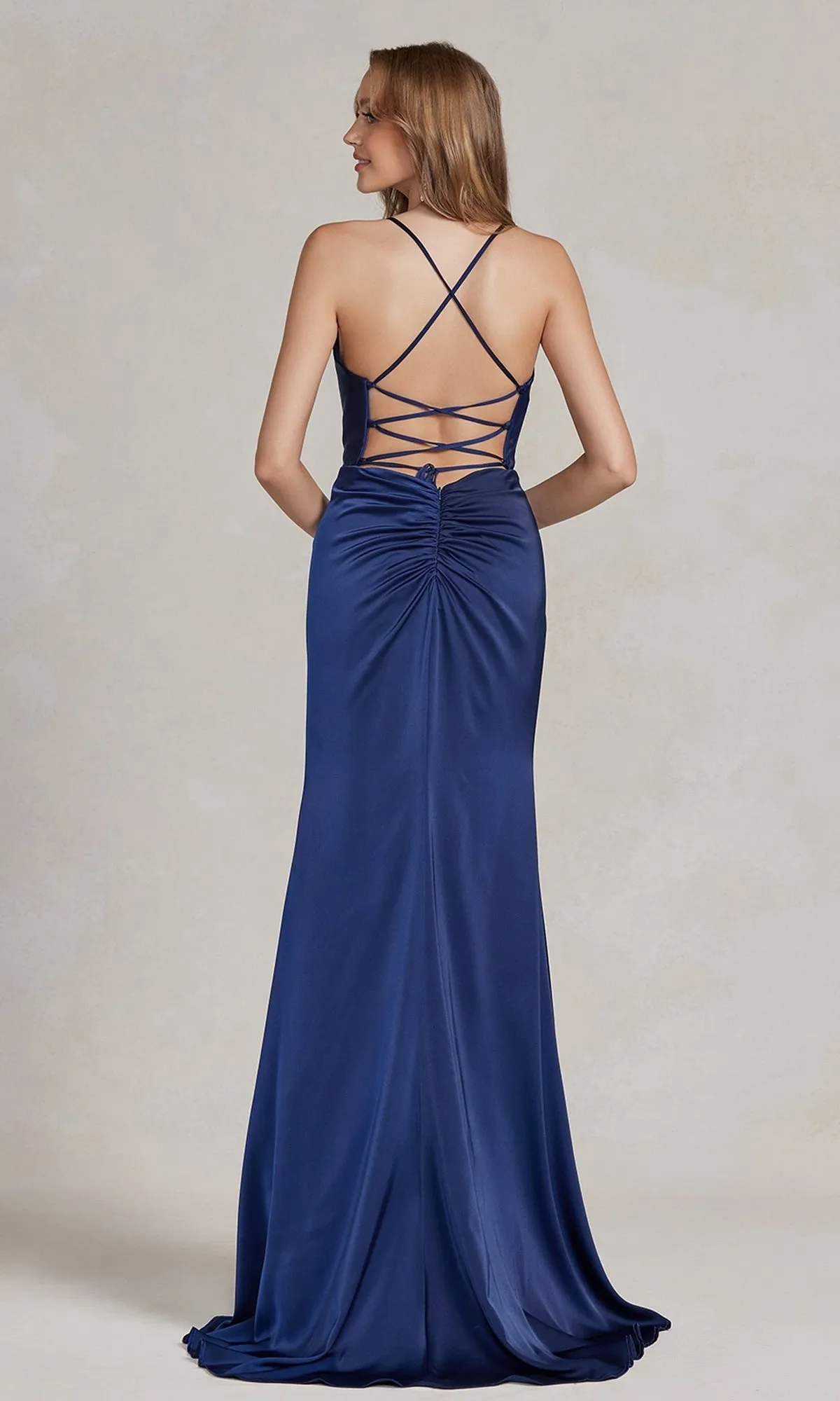 Strappy-Back Cowl-Neck Long Prom Dress E1068