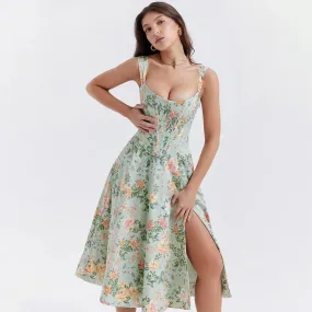 Suninheart Summer Green Lace Up Print Floral Dress