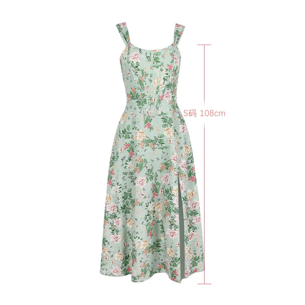 Suninheart Summer Green Lace Up Print Floral Dress