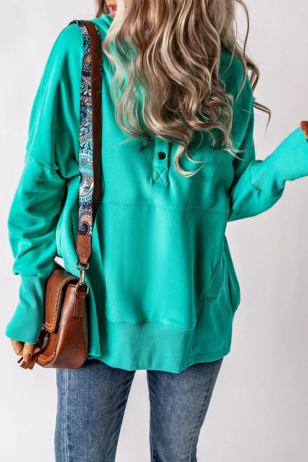 Turquoise Batwing Sleeve Henley Hoodie