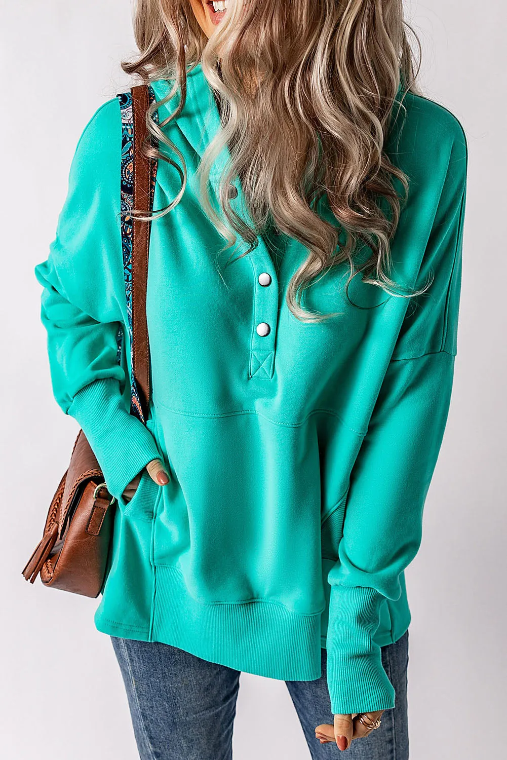 Turquoise Batwing Sleeve Henley Hoodie